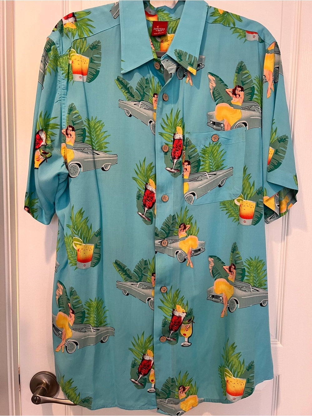 Hawaiian Aqua Tropical Pin Up Print Button-Down Aloha Shirt L Vacation Summer